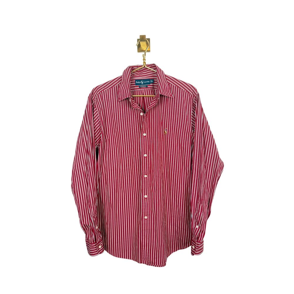 Ralph Lauren Classic Fit Red Stripe Button Down Shirt Embroidered Emblem Sz L